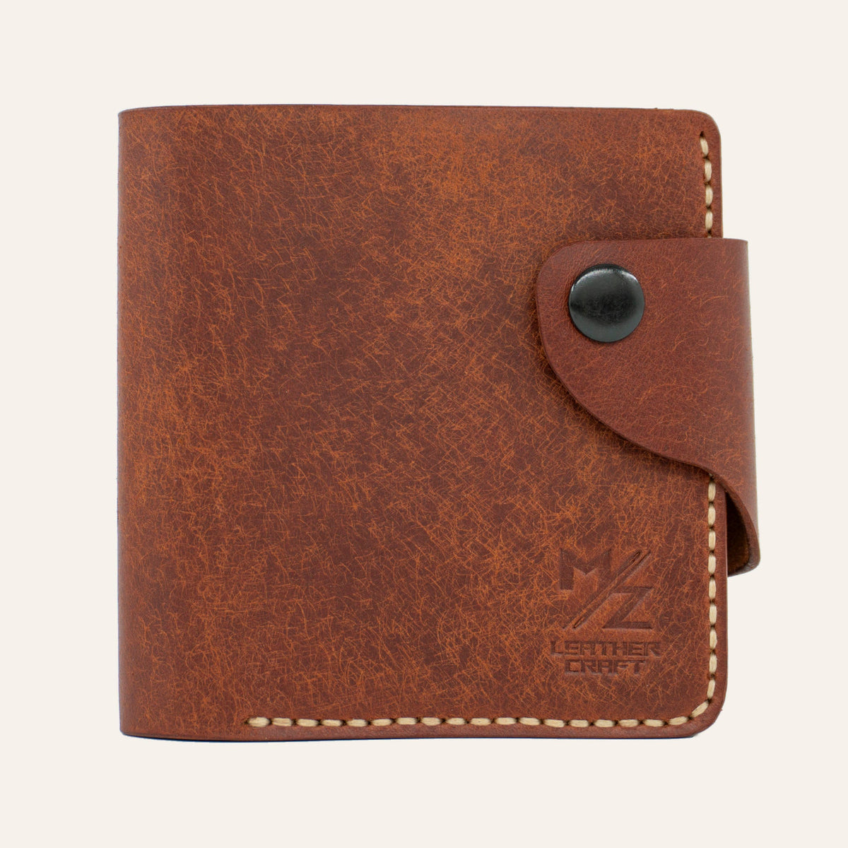 MZ Leather Craft çıtçıtlı yatay kiremit Buttero deri klasik erkek cüzdanı, kapalı önden görünüm ve kontrast kahverengi el dikişi detayları