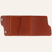 MZ Leather Craft tamamen açılmış dil kapaklı kiremit Buttero deri cüzdan, düz dış görünüm, sarı el dikişli dış kart yuvası ve asimetrik kapak formu