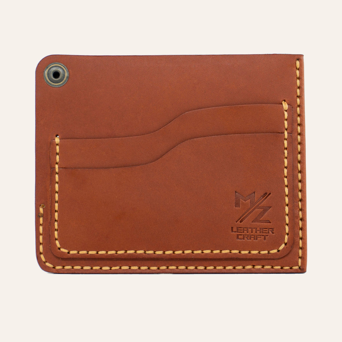 MZ Leather Craft köşe çıtçıtlı ters cüzdan kiremit Buttero deri arka yüz görünümü, boş kıvrımlı kart yuvası, sarı el dikişleri ve açık çıtçıt mekanizması