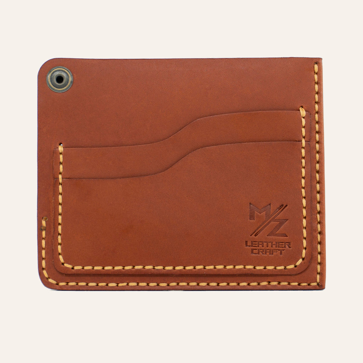 MZ Leather Craft köşe çıtçıtlı ters cüzdan kiremit Buttero deri arka yüz görünümü, boş kıvrımlı kart yuvası, sarı el dikişleri ve açık çıtçıt mekanizması