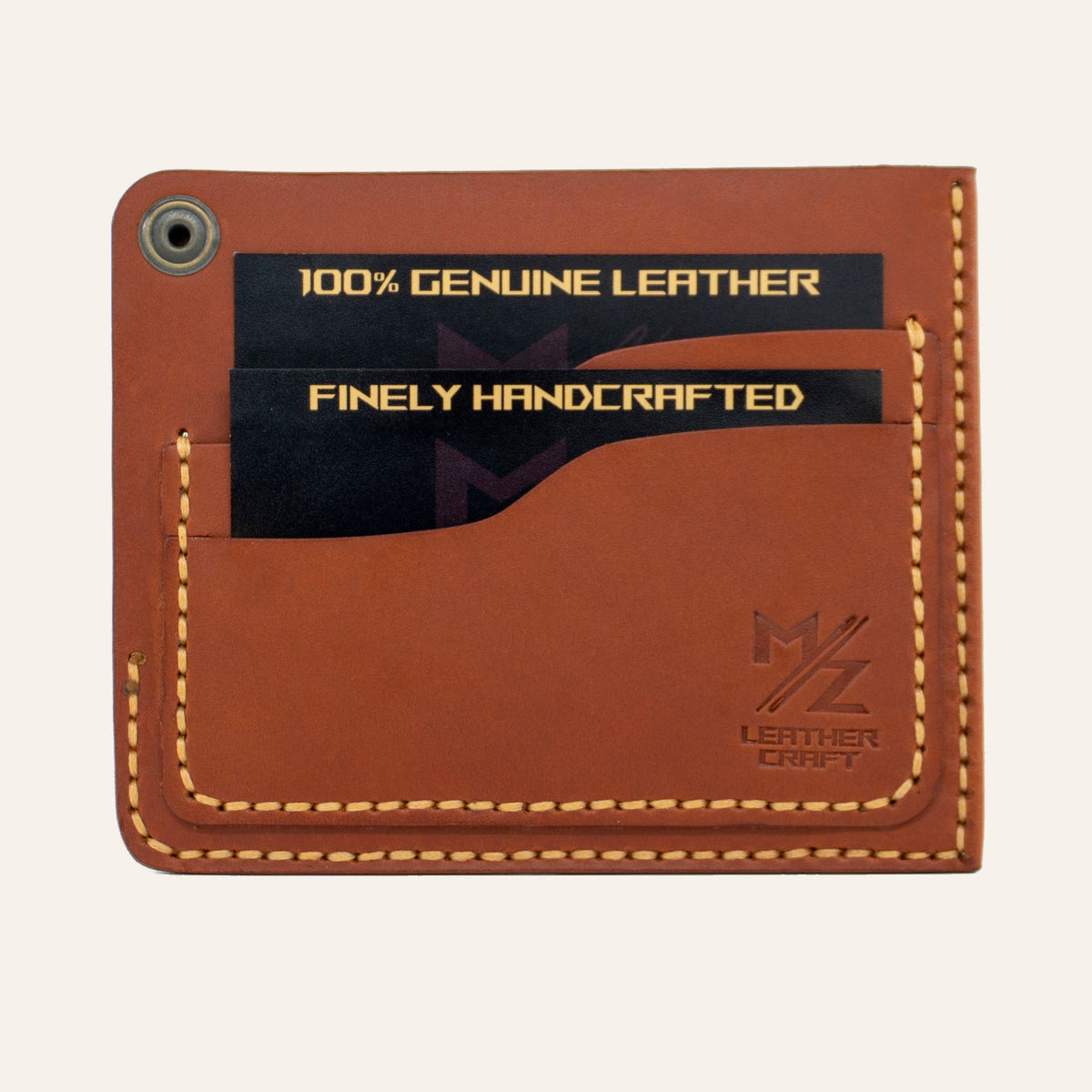 MZ Leather Craft köşe çıtçıtlı ters cüzdan kiremit Buttero deri arka yüz görünümü, tanıtım kartlarıyla dolu kıvrımlı kart yuvaları ve açık çıtçıt detayı
