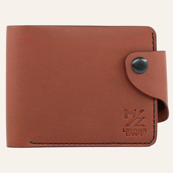 MZ Leather Craft çıtçıtlı kiremit Buttero deri klasik erkek cüzdanı, kapalı önden görünüm ve kontrast siyah el dikişi detayları