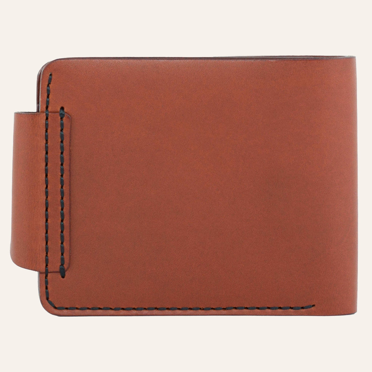 MZ Leather Craft çıtçıtlı kiremit Buttero deri klasik erkek cüzdanı arka görünüm, kapama dili bağlantısı ve kontrast siyah el dikişi detayları