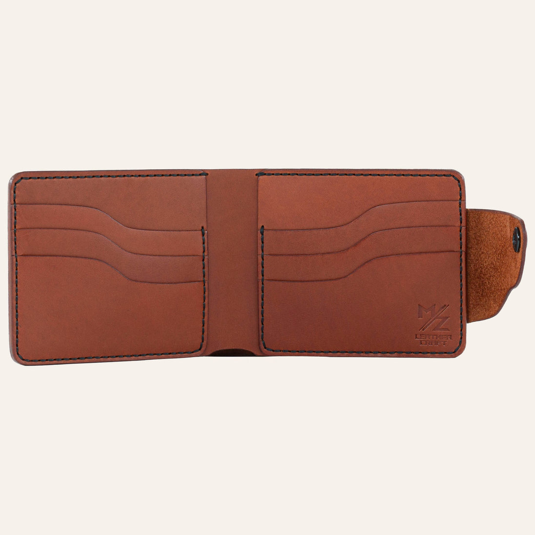 MZ Leather Craft açık kiremit Buttero deri klasik cüzdan boş iç görünüm, altı kıvrımlı kart yuvası ve siyah saraç dikiş takviyeleri ile
