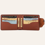 MZ Leather Craft açık kiremit Buttero deri klasik cüzdan dolu iç görünüm, altı kart yuvasının kapasitesini sample kartlarla gösteren çekim