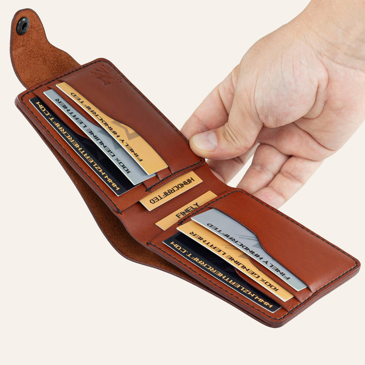 MZ Leather Craft açık kiremit Buttero deri klasik erkek cüzdanı iç görünüm, dikey kart yuvaları, gizli bölmeler ve kontrast siyah el dikişi detayları
