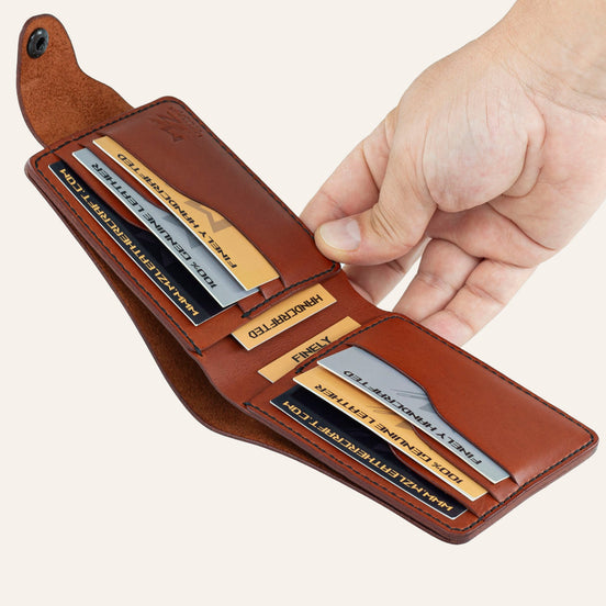MZ Leather Craft açık kiremit Buttero deri klasik erkek cüzdanı iç görünüm, dikey kart yuvaları, gizli bölmeler ve kontrast siyah el dikişi detayları