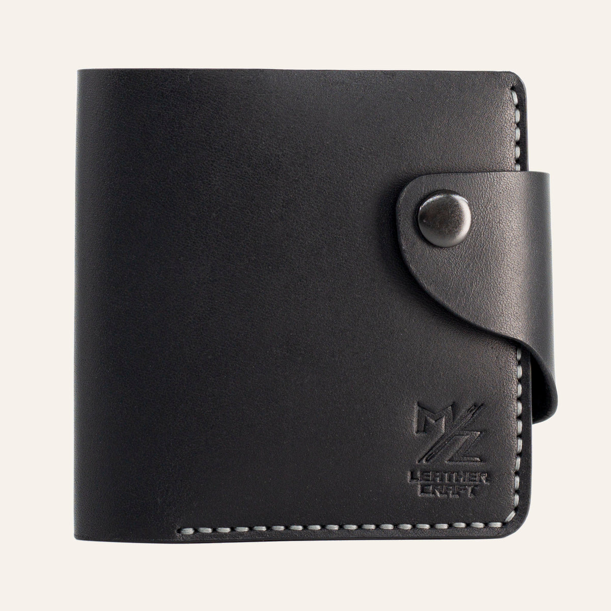 MZ Leather Craft çıtçıtlı yatay siyah Buttero deri klasik erkek cüzdanı, kapalı önden görünüm ve kontrast gri el dikişi detayları