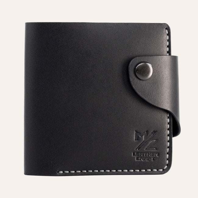 MZ Leather Craft çıtçıtlı yatay siyah Buttero deri klasik erkek cüzdanı, kapalı önden görünüm ve kontrast gri el dikişi detayları