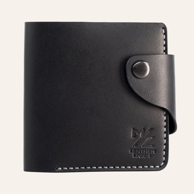 MZ Leather Craft çıtçıtlı yatay siyah Buttero deri klasik erkek cüzdanı, kapalı önden görünüm ve kontrast gri el dikişi detayları