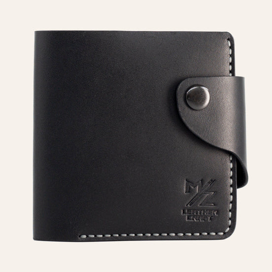MZ Leather Craft çıtçıtlı yatay siyah Buttero deri klasik erkek cüzdanı, kapalı önden görünüm ve kontrast gri el dikişi detayları