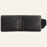 MZ Leather Craft açık siyah Buttero deri klasik cüzdan boş iç görünüm, altı kıvrımlı kart yuvası ve sarı saraç dikiş takviyeleri ile