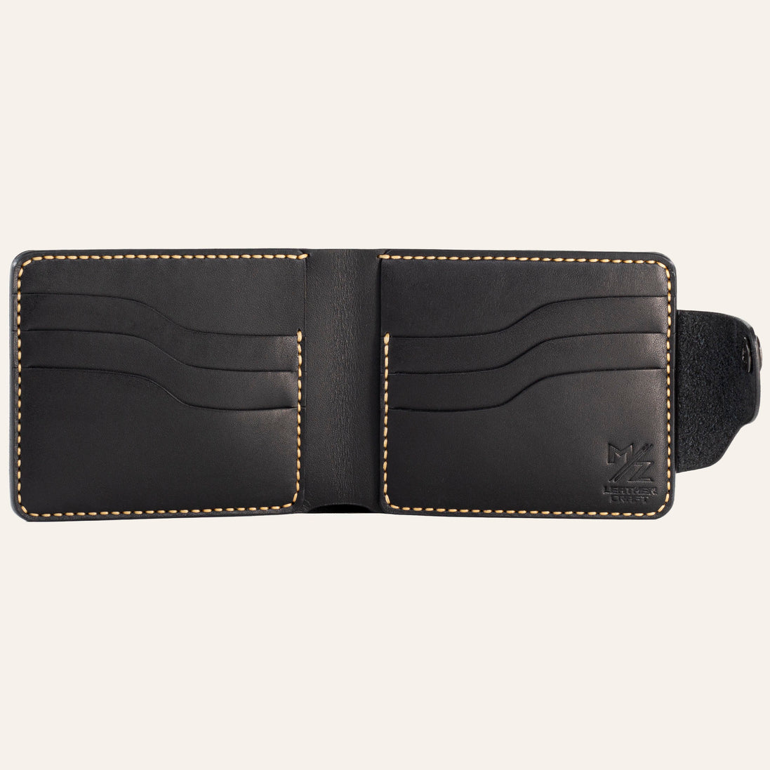 MZ Leather Craft açık siyah Buttero deri klasik cüzdan boş iç görünüm, altı kıvrımlı kart yuvası ve sarı saraç dikiş takviyeleri ile