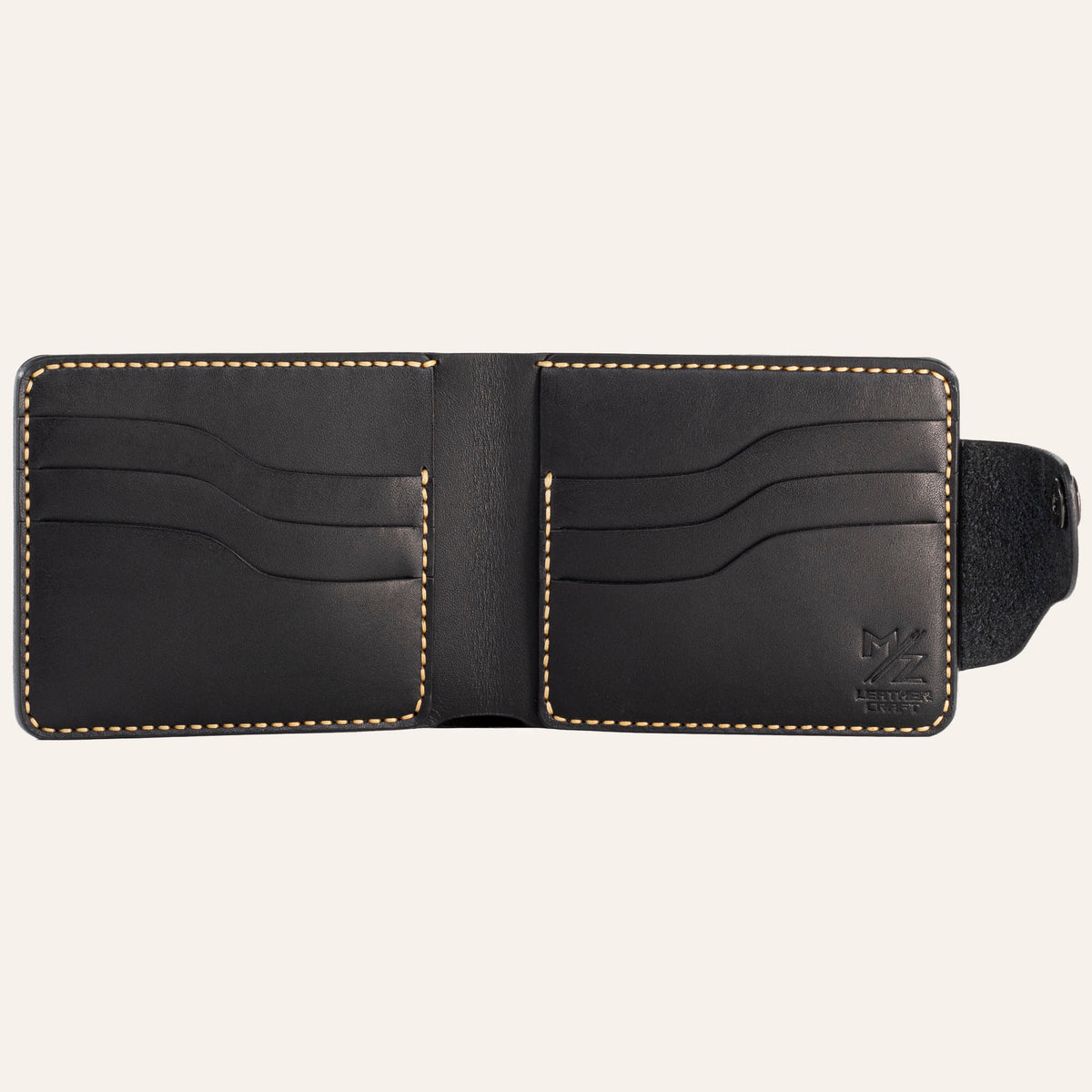 MZ Leather Craft açık siyah Buttero deri klasik cüzdan boş iç görünüm, altı kıvrımlı kart yuvası ve sarı saraç dikiş takviyeleri ile