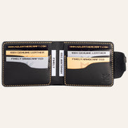 MZ Leather Craft açık siyah Buttero deri klasik cüzdan dolu iç görünüm, altı kart yuvasının kapasitesini sample kartlarla gösteren çekim
