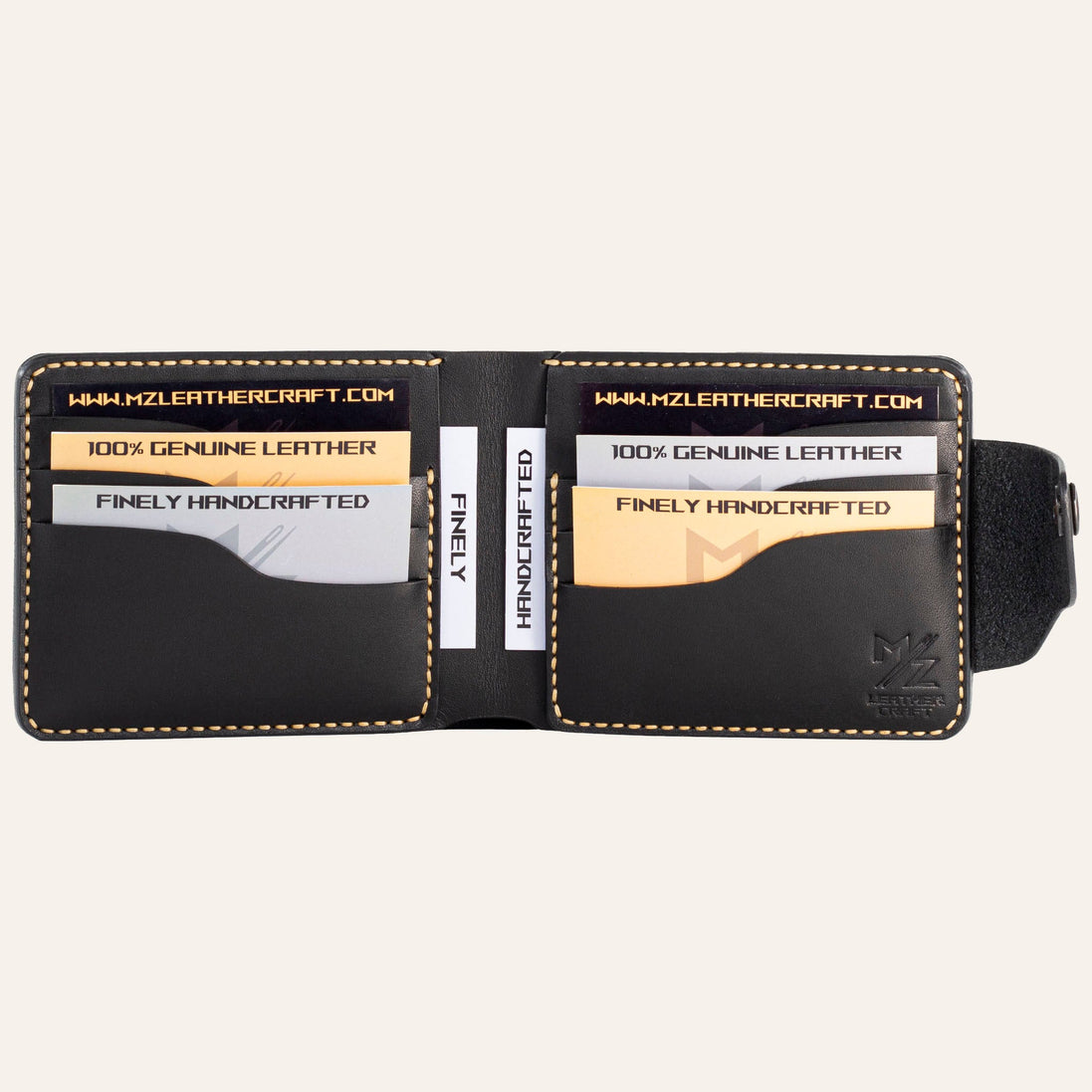 MZ Leather Craft açık siyah Buttero deri klasik cüzdan dolu iç görünüm, altı kart yuvasının kapasitesini sample kartlarla gösteren çekim