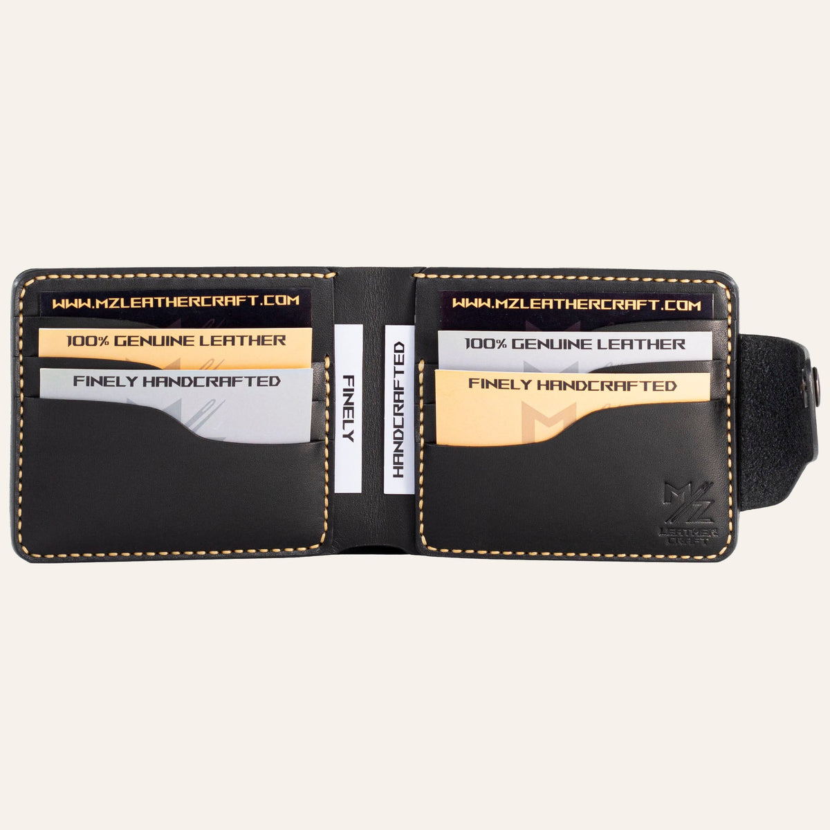 MZ Leather Craft açık siyah Buttero deri klasik cüzdan dolu iç görünüm, altı kart yuvasının kapasitesini sample kartlarla gösteren çekim