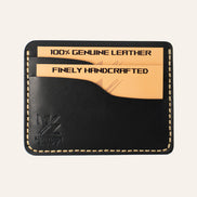 MZ Leather Craft yatay minimalist siyah Buttero deri kartlık, kartlarla dolu önden görünüm, sarı el dikişleri ve sol alt köşede kabartmalı MZ logosu