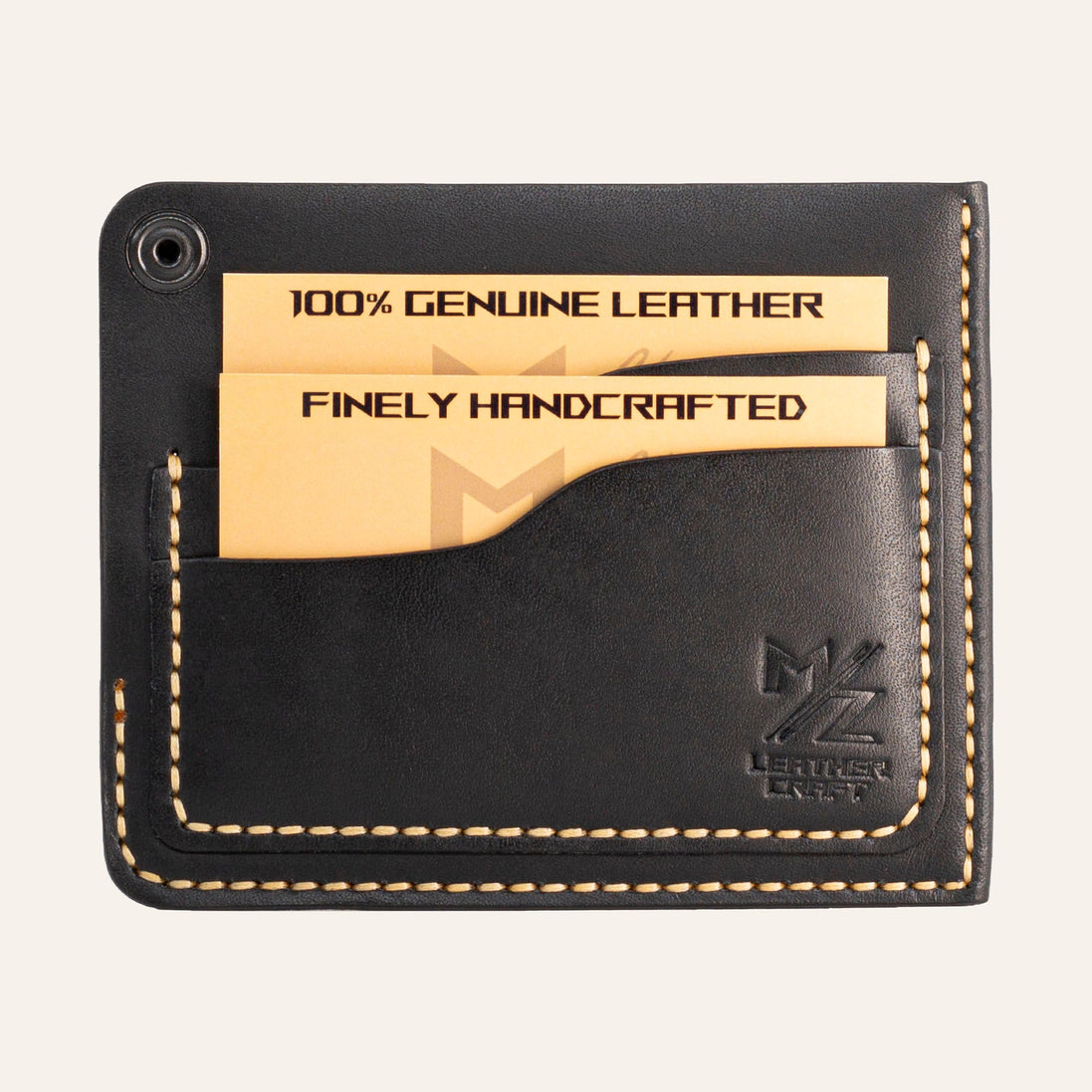 MZ Leather Craft köşe çıtçıtlı ters cüzdan siyah Buttero deri arka yüz görünümü, tanıtım kartlarıyla dolu kıvrımlı kart yuvaları ve açık çıtçıt detayı