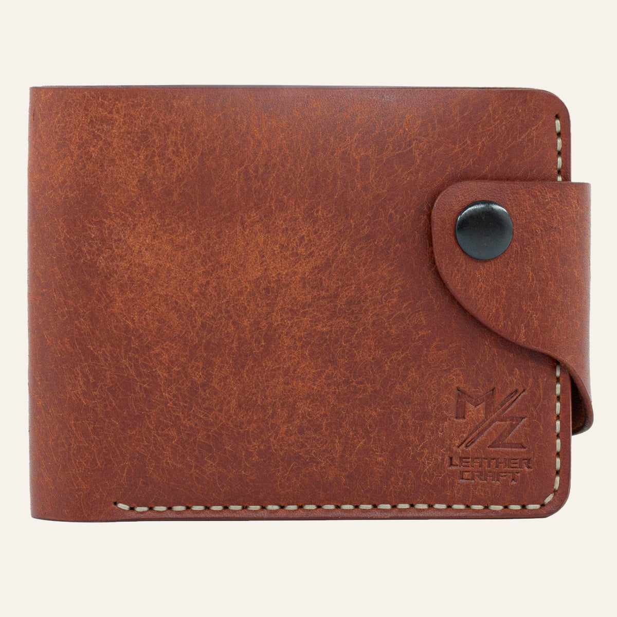 MZ Leather Craft çıtçıtlı kiremit Pueblo deri klasik erkek cüzdanı, kapalı önden görünüm ve kontrast açık gri el dikişi detayları