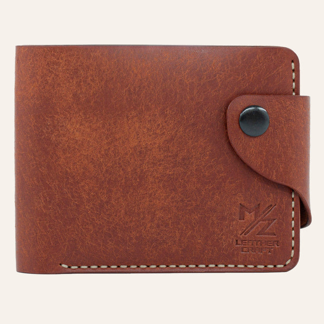 MZ Leather Craft çıtçıtlı kiremit Pueblo deri klasik erkek cüzdanı, kapalı önden görünüm ve kontrast açık gri el dikişi detayları