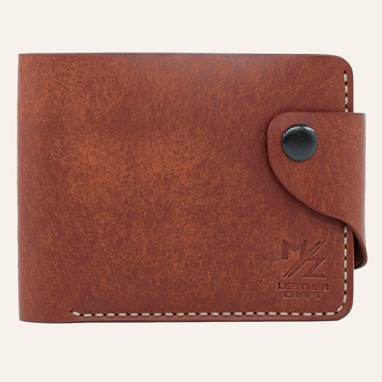 MZ Leather Craft çıtçıtlı kiremit Pueblo deri klasik erkek cüzdanı, kapalı önden görünüm ve kontrast açık gri el dikişi detayları