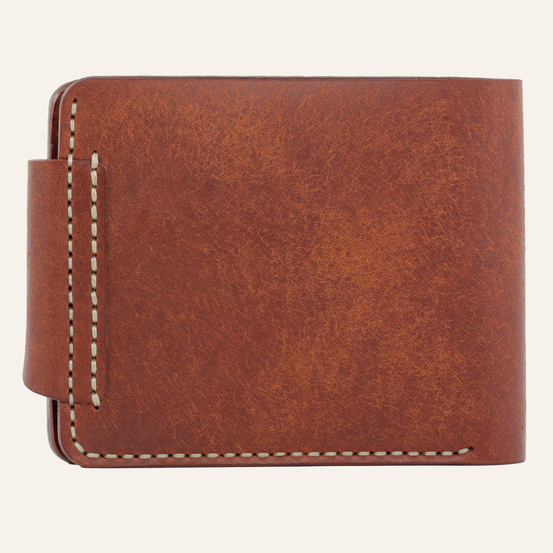MZ Leather Craft çıtçıtlı kiremit Pueblo deri klasik erkek cüzdanı arka görünüm, kapama dili bağlantısı ve kontrast açık gri el dikişi detayları