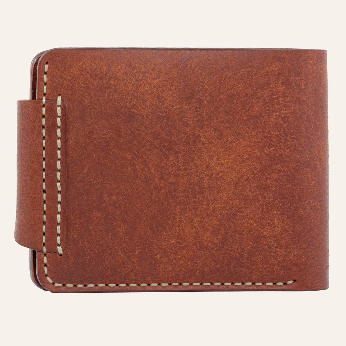 MZ Leather Craft çıtçıtlı kiremit Pueblo deri klasik erkek cüzdanı arka görünüm, kapama dili bağlantısı ve kontrast açık gri el dikişi detayları