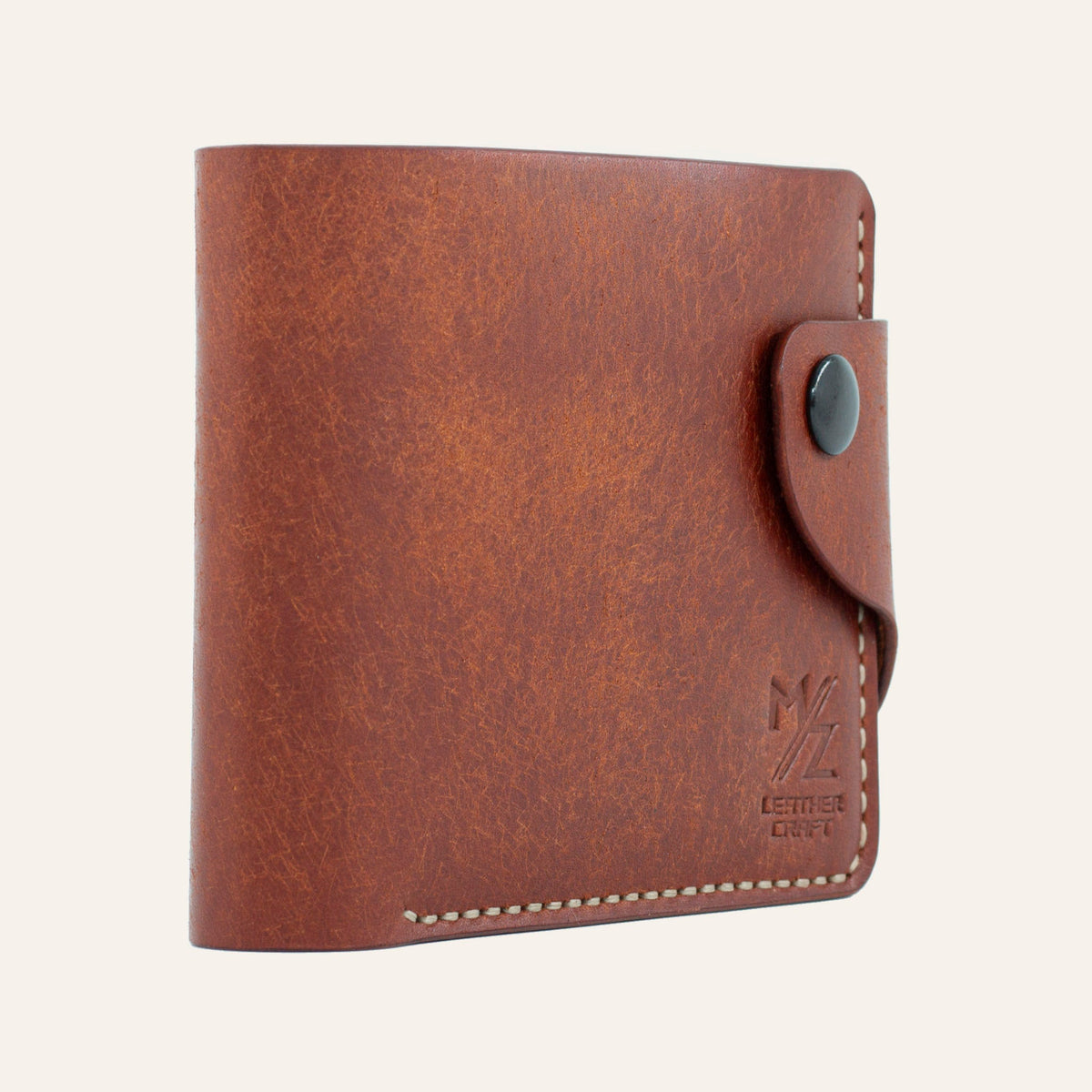 MZ Leather Craft hafif açılı kiremit Pueblo deri klasik erkek cüzdanı, kapalı duruş ve kontrast açık gri el dikişi detayları