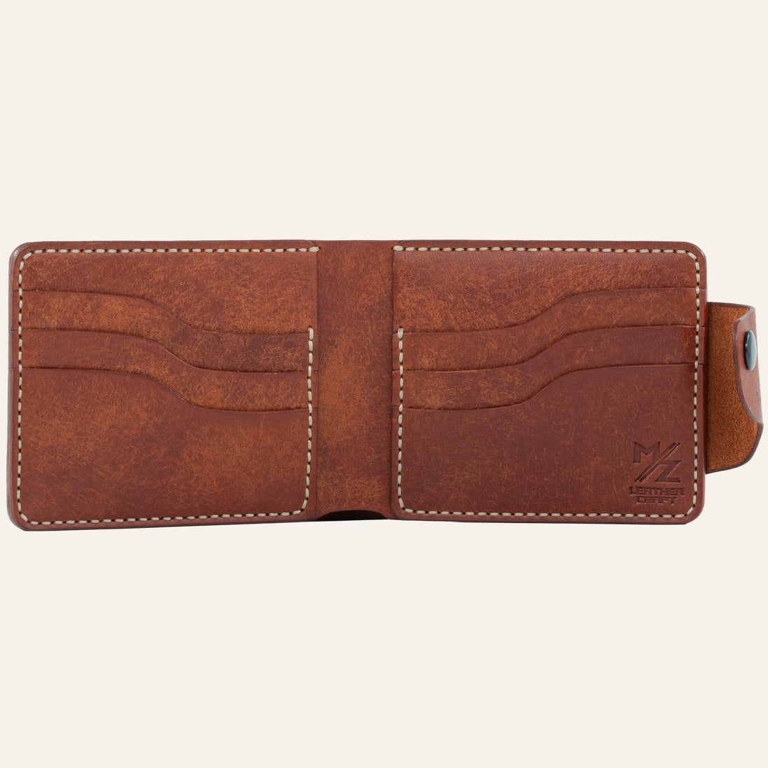 MZ Leather Craft açık kiremit Pueblo deri klasik cüzdan boş iç görünüm, altı kıvrımlı kart yuvası ve açık gri saraç dikiş takviyeleri ile