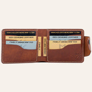 MZ Leather Craft açık kiremit Pueblo deri klasik cüzdan dolu iç görünüm, altı kart yuvasının kapasitesini sample kartlarla gösteren çekim