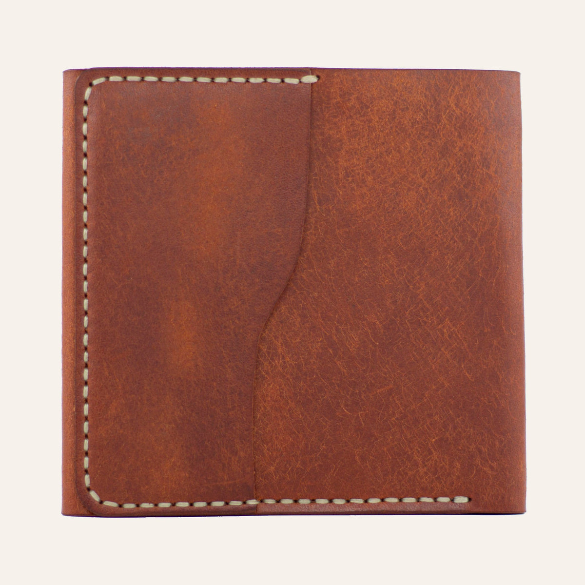 MZ Leather Craft çift çıtçıtlı dil kapaklı kiremit Pueblo deri cüzdan arka görünüm, kontrast açık gri el dikişli pratik dış kart bölmesi