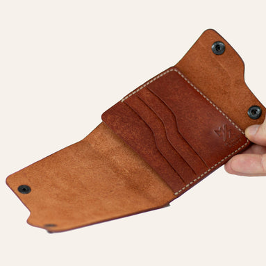 MZ Leather Craft açık dil kapaklı kiremit Pueblo deri cüzdan, el ile tutulan boş iç görünüm, kıvrımlı kart yuvaları ve açık gri el dikişi detayları