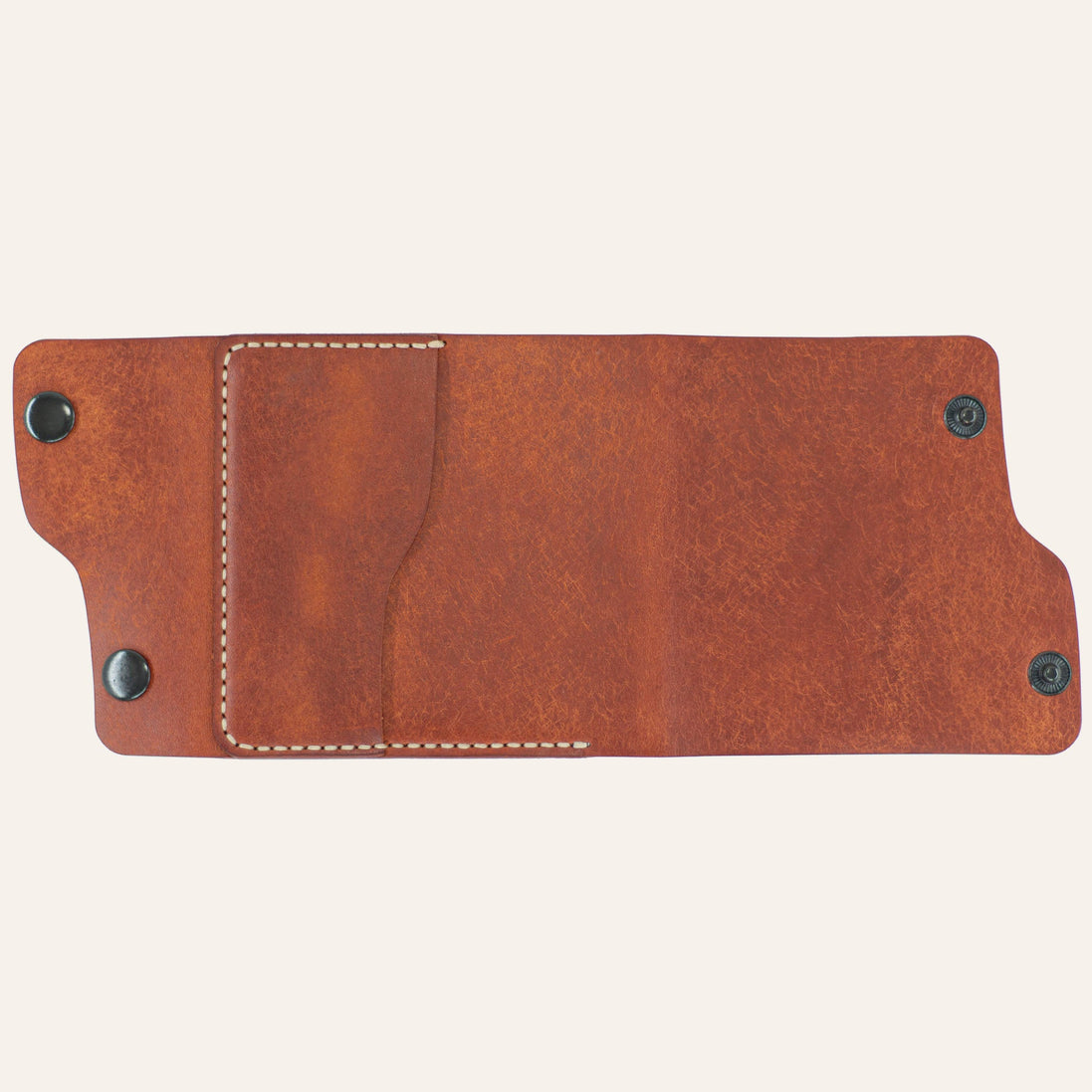 MZ Leather Craft tamamen açılmış dil kapaklı kiremit Pueblo deri cüzdan, düz dış görünüm, açık gri el dikişli dış kart yuvası ve asimetrik kapak formu