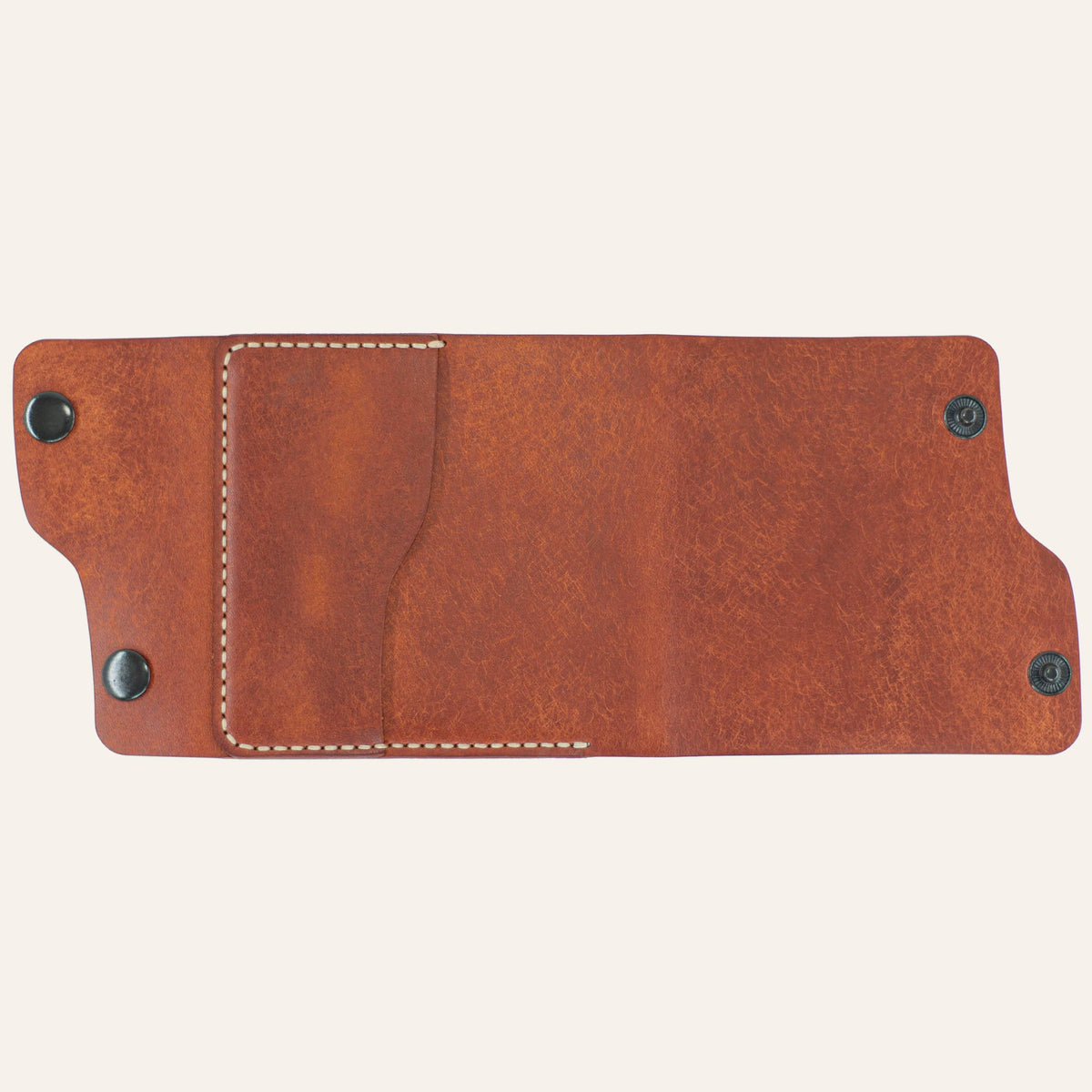 MZ Leather Craft tamamen açılmış dil kapaklı kiremit Pueblo deri cüzdan, düz dış görünüm, açık gri el dikişli dış kart yuvası ve asimetrik kapak formu