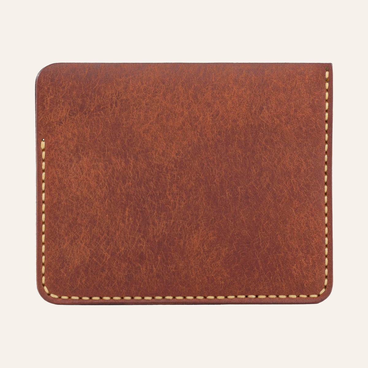 MZ Leather Craft kiremit Pueblo deri ters cüzdan, kesintisiz düz deri paneli ve çevreleyen sarı el dikişlerini gösteren arka görünüm