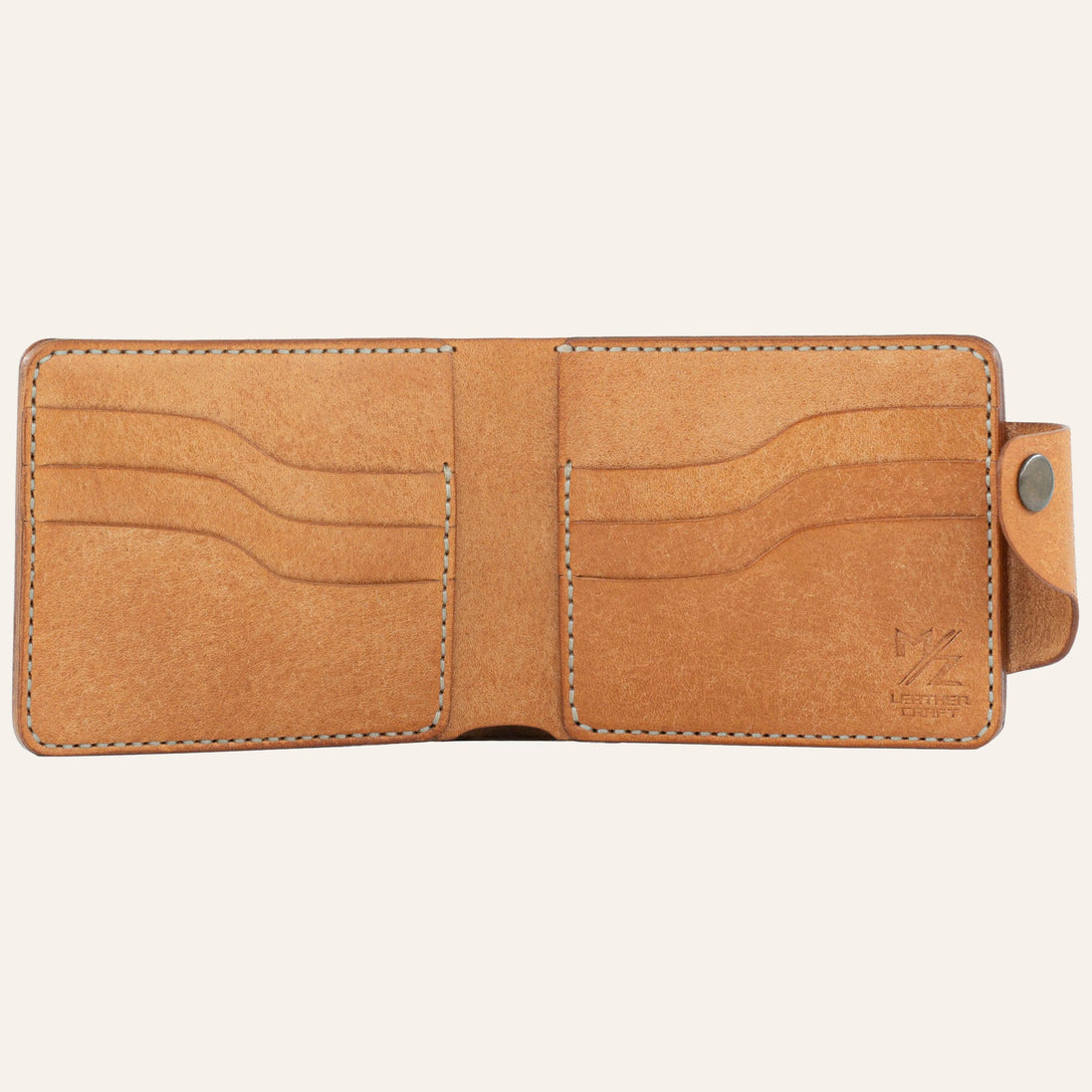 MZ Leather Craft açık natürel Pueblo deri klasik cüzdan boş iç görünüm, altı kıvrımlı kart yuvası ve açık gri saraç dikiş takviyeleri ile