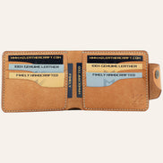 MZ Leather Craft açık natürel Pueblo deri klasik cüzdan dolu iç görünüm, altı kart yuvasının kapasitesini sample kartlarla gösteren çekim