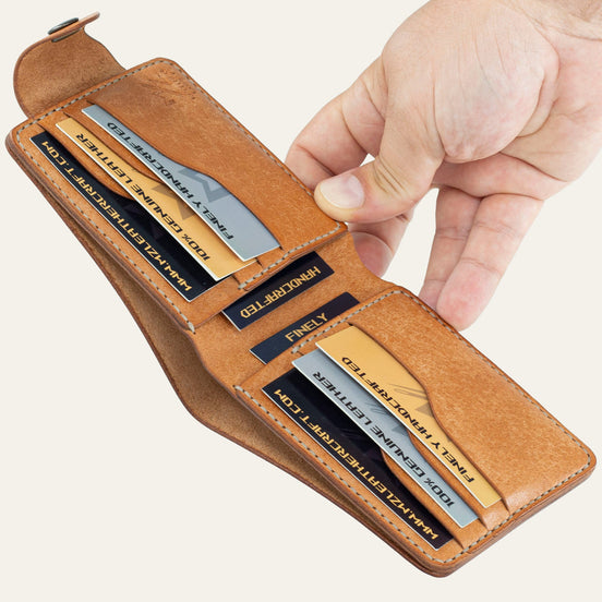 MZ Leather Craft açık natürel Pueblo deri klasik erkek cüzdanı iç görünüm, dikey kart yuvaları, gizli bölmeler ve kontrast açık gri el dikişi detayları