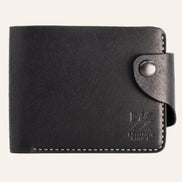 MZ Leather Craft çıtçıtlı siyah Pueblo deri klasik erkek cüzdanı, kapalı önden görünüm ve kontrast gri el dikişi detayları