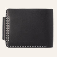 MZ Leather Craft çıtçıtlı siyah Pueblo deri klasik erkek cüzdanı arka görünüm, kapama dili bağlantısı ve kontrast gri el dikişi detayları