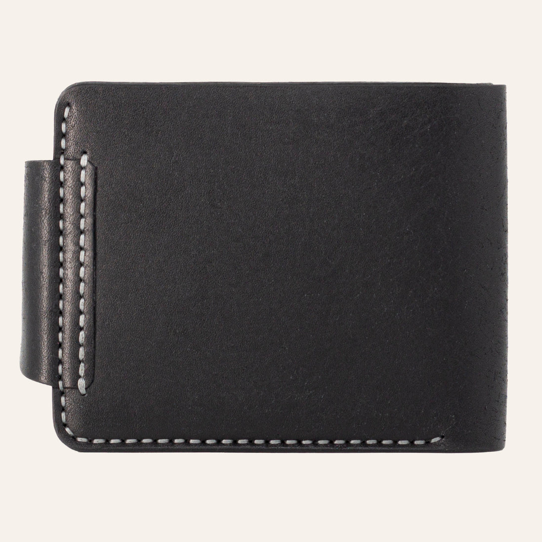 MZ Leather Craft çıtçıtlı siyah Pueblo deri klasik erkek cüzdanı arka görünüm, kapama dili bağlantısı ve kontrast gri el dikişi detayları
