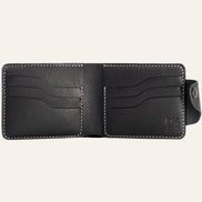 MZ Leather Craft açık siyah Pueblo deri klasik cüzdan boş iç görünüm, altı kıvrımlı kart yuvası ve gri saraç dikiş takviyeleri ile