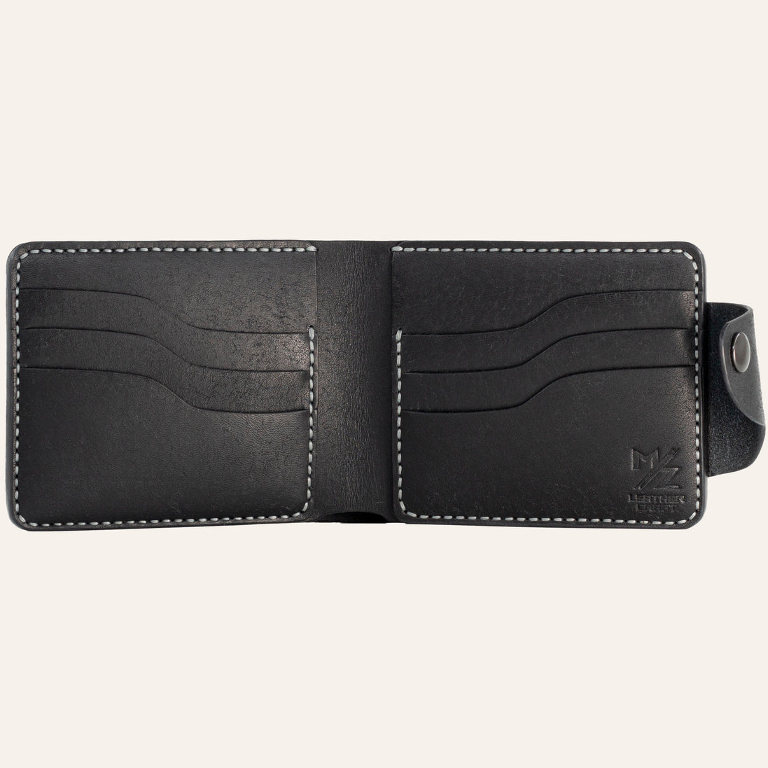 MZ Leather Craft açık siyah Pueblo deri klasik cüzdan boş iç görünüm, altı kıvrımlı kart yuvası ve gri saraç dikiş takviyeleri ile