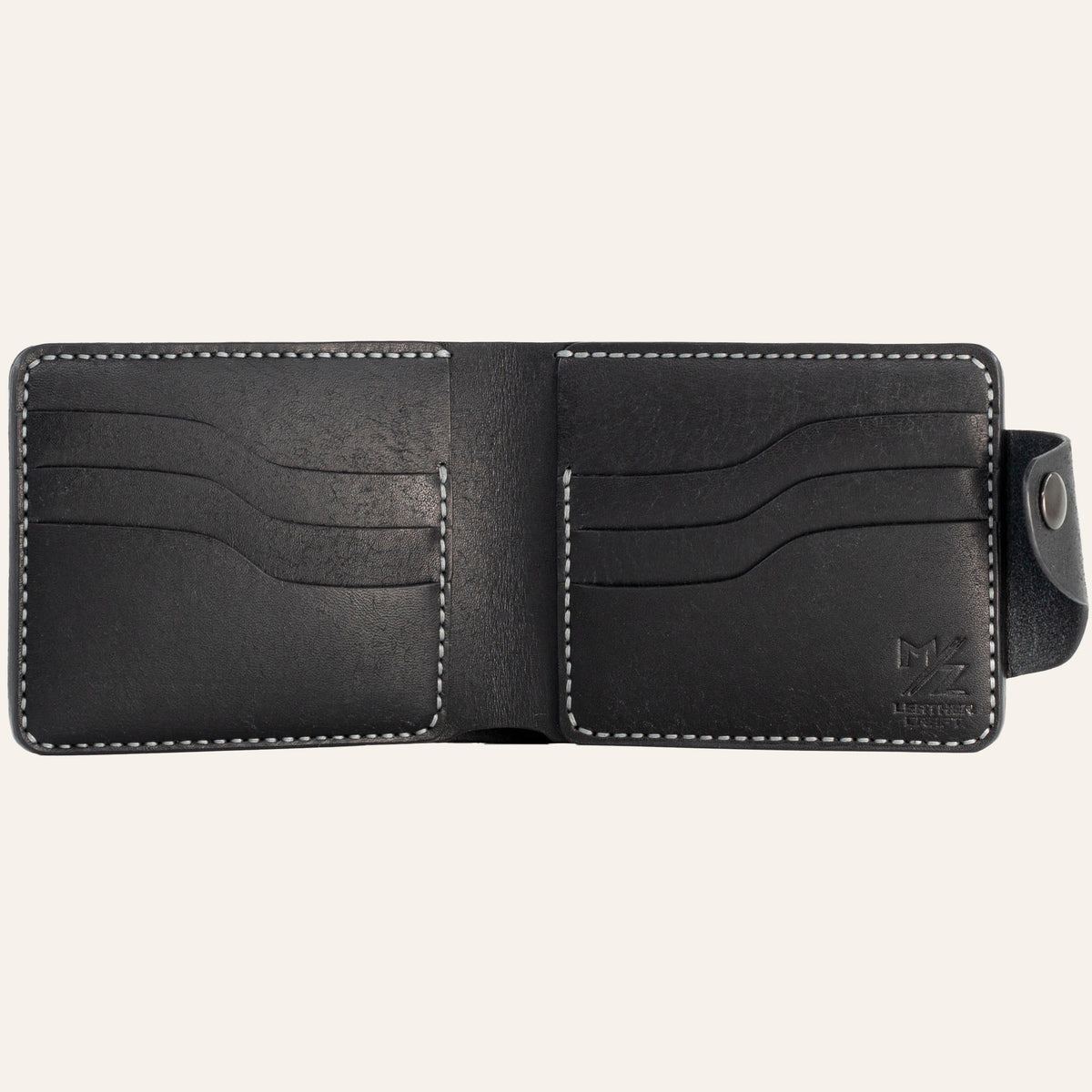 MZ Leather Craft açık siyah Pueblo deri klasik cüzdan boş iç görünüm, altı kıvrımlı kart yuvası ve gri saraç dikiş takviyeleri ile