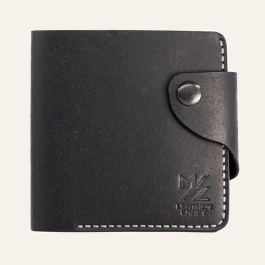 MZ Leather Craft çıtçıtlı yatay siyah Pueblo deri klasik erkek cüzdanı, kapalı önden görünüm ve kontrast gri el dikişi detayları