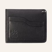 MZ Leather Craft köşe çıtçıtlı ters cüzdan siyah Pueblo deri, boş kart yuvalarını, kıvrımlı kesim hatlarını ve kapalı köşe çıtçıtını gösteren ön görünüm