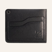 MZ Leather Craft köşe çıtçıtlı ters cüzdan siyah Pueblo deri arka yüz görünümü, boş kıvrımlı kart yuvası, siyah el dikişleri ve açık çıtçıt mekanizması