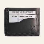 MZ Leather Craft köşe çıtçıtlı ters cüzdan siyah Pueblo deri arka yüz görünümü, tanıtım kartlarıyla dolu kıvrımlı kart yuvaları ve açık çıtçıt detayı