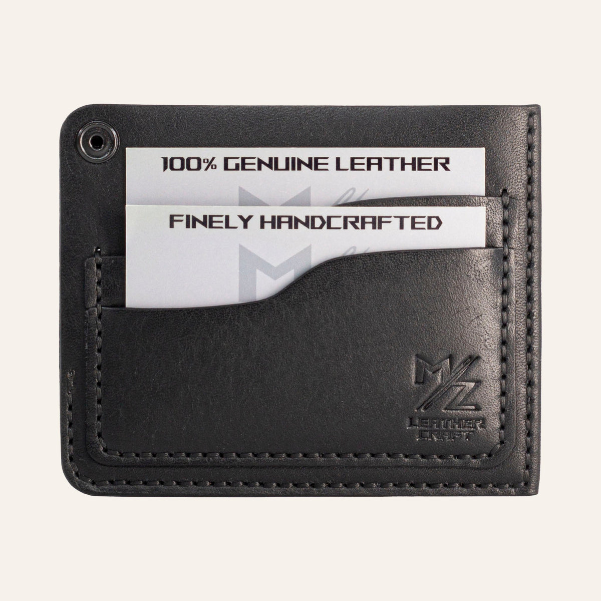 MZ Leather Craft köşe çıtçıtlı ters cüzdan siyah Pueblo deri arka yüz görünümü, tanıtım kartlarıyla dolu kıvrımlı kart yuvaları ve açık çıtçıt detayı